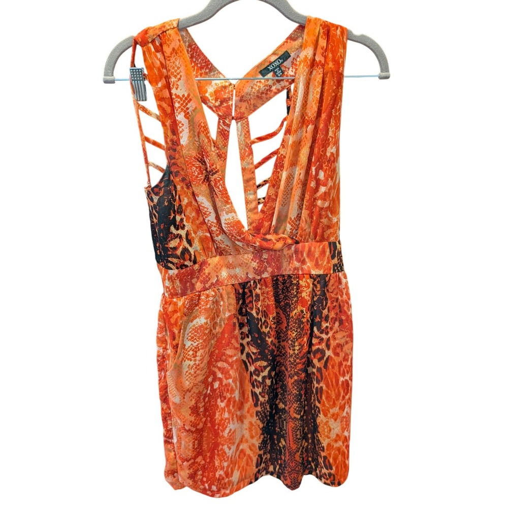 XOXO Women Orange Animal Print Strappy Back Mini Dress Size 4 Lined Juniors